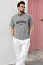 Painted Gray V-Neck Printed Short Sleeve Overfit T-Shirt 7039