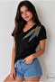 Women's Black V-Neck Leaf Patterned Sequin Embroidered 100% P Cotton T-Shirt - 4