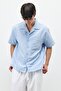 Oversized linen shirt with letter print - baby blue - 4