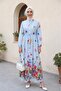 Floral Patterned Polycotton Dress with Elastic Sleeves and Half Buttons and Belt - Baby Blue - 4