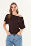 Brown Ultra Soft, Fitted at the Waist, Fully Stretchable, 95% Natural Viscose, No Show, Low Shoulder Bat Sleeve Blouse - 2