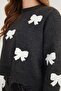 Ribbon Embroidered Crew Neck Oversize Knit Sweater - 4