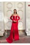 Long sleeve, body-hugging mermaid cut dress with a train/drape detail at the front 583346 RED - 3