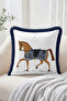 White Floor Fringed Throw Pillow Cover with Horse Figure and Navy Blue Fringe Frame, Modern Decorative Pillowcase