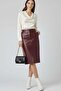 Burgundy Lina Midi Genuine Leather Women's Skirt with Slit Detail - 2