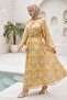 Patterned Brooch Belt Detail Yellow Dress - 4