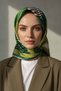 100% Twill Silk Geometric Patterned Khaki - Emerald Green Colored 90X90 Sewing Shape: Hand Sewing Scarf - 4