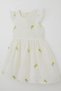 Girl's Dress with Floral Embroidery and Guipure Detail, Ages 3-7, Ecru - 8