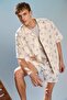 100% Cotton Boxy Fit Apaş Collar Printed Short Sleeve Ecru Shirt I3921Ax26Hs - 3