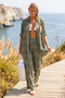 Italian Khaki Shirt Collar 3/4 Sleeve Lined Embroidered Wide Leg Woven Beach Bottom-Top Set 80-105 68-65 - 3