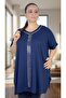 Stone Embellished Detail Circular Neck Short Sleeves Loose Fit Viscose Fabric Extra Large Size Blouse Black - 2