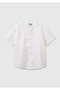 Boy's Ecru Logo Embroidered Short Sleeve Mandarin Collar Shirt with Wooden Buttons