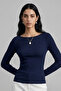 بلوزة وقميص نسائي من Jerdev Soft Touch Slim Fit برقبة قاربية وأكمام طويلة - أزرق داكن - 4