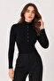 Women's Black Slim Fit Button Detailed High Neck Blouse - 7