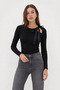 Women's Black Neck Tie Ribbed Knit Blouse - 2