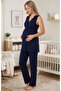 Women's Navy Blue Lace Special Design Maternity Pajama Set - 4