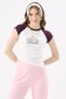 Crep Women's Cherry Bloom Printed Raglan Sleeve Asymmetrical Cut Crop T-Shirt Cotton Ribbed Ecru Plum - 2