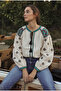 Women's Beige Tasseled Collared Balloon Sleeve Embroidered Cotton Blouse