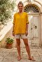 Mustard Color Round Neck 3/4 Sleeve Buttoned Slit 3D Embroidered Casual Cotton Woven Blouse 73 61 - 7