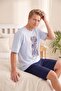 Men's Blue Patterned Crew Neck Buttonless Cotton Summer Short Sleeve Pocket Shorts Pajama Set - 8