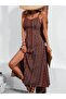 Women's Rope Strap Wide V-Neck Patterned Slit Single Jersey Midi Dress - 3