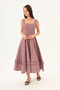 Burgundy Gingham Square Neck Midi Dress with Ruffle Detail at the Hem - 9