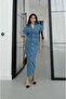 Blue Denim Dress with Gathered Waist and Snap Buttons