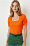 Women's Orange U-Neck Short Sleeve Textured Blouse Blz-19003341 - 4