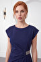 Women's Navy Blue Crew Neck Slit Midi Event Dress - 3