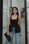 Women's Black Square Neck Strap Blouse with Pleated Front and Ruffles