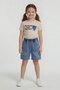 Beige Heart Embroidered Badili Jean Shorts Girls' Set 24053 - 3