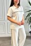 Polo Collar Ribbed Stone Embroidered Short Sleeve Set - 7