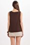 Women's Oversize Wide Cut Sleeveless Degaje Collar Brown Undershirt - 7