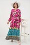Women's V-Neck Gathered Waist Floral Patterned Viscose A.Fuchsia Hijab Dress - 3