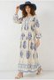 Women's High Collar Gathered Waist Floral Patterned Viscose Cream Hijab Dress