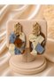 Fior Multi-Colored Blue Beige Coffee Patterned Gold Color Retro Special Design Dangle Earrings Set for Women