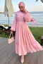 Drawstring Casual Pink Chiffon Dress - 3