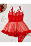 Stylish Lace Detailed Plus Size Red and Black Nightgown Set - 2