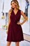 Women's Strappy Double-Breasted Collared Short Janjan Crepe Dress with Pleated Detail on the Front - 3