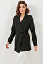 Women's Blazer with Collar, Belted, Side Tie, Black Jacket - 4