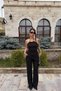 Asymmetrical Textured Blouse with Halter Neck Accessory Detail and Wide-Leg Pants Two-Piece Set