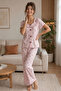 Floral Patterned Cotton Boat Neck Wrinkled Soft Summer Pajama Set Pink - 4