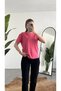 Women's Pink Crew Neck Short Sleeve Full Lycra Stretchy Blouse Body - 3