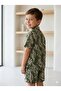 Boys' Khaki Green Leaf Patterned Linen Look Shirt and Shorts Set - 4