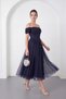 Women's Navy Blue Boat Neck Glittery Midi Graduation Evening Dress - 2