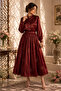 -Ruby Red Satin Shirt & Flared Skirt Co-Ord Set with Butterfly Embellishments - 2