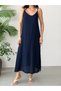 Navy Blue Lined Muslin Dress with Adjustable Drawstring Straps - 5
