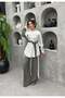 Lavin Premium Tnsl Fabric Stripe Detailed Belted Suit - Hijab Compatible Pantsuit