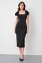 Women's Black Crepe Fabric Square Collar Slit Detailed Midi Pencil Dress 99157 - 4