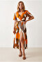 Women's Orange Ecru Buttoned Belted Maxi Viscose Shirt Dress Elb-19002382